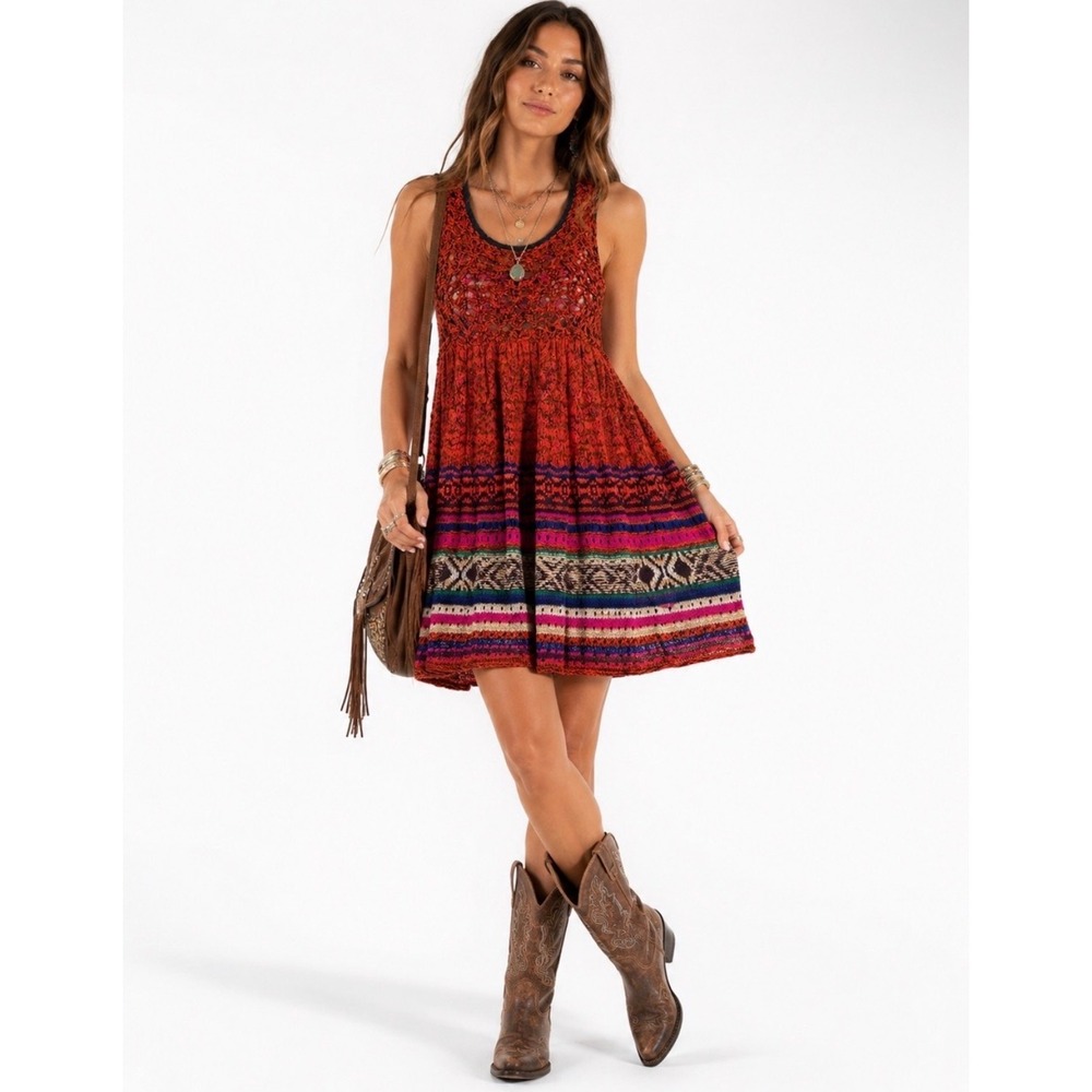 Free People Red Multi Knit Intarsia Boho Halter Mini Dress Sleeveless
